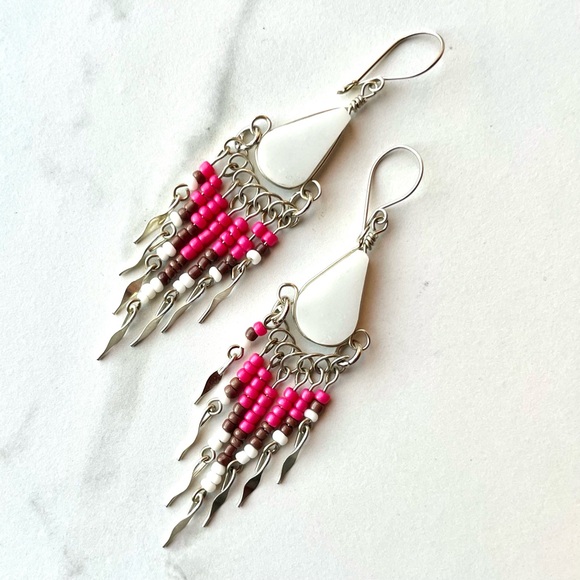 Hand Crafted Jewelry - Bohemian White Jade Peruvian Beaded Fringe Earrings #4